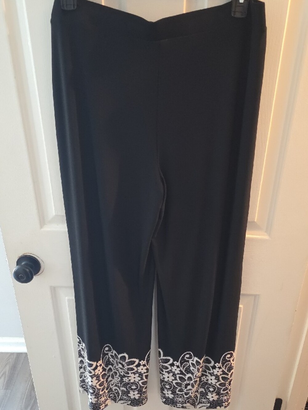 Black Boot Cut Pants with White Embroidered Hem - Picture 3 of 4